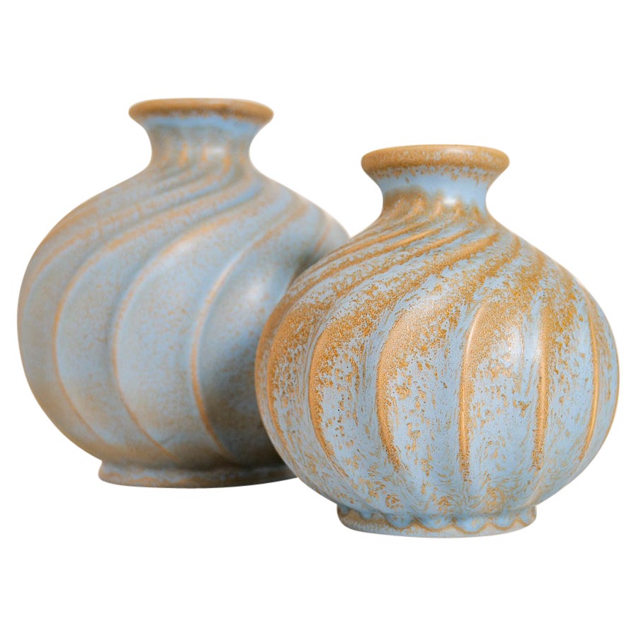 Midcentury Pair of Ceramic Vases "Turkos", Ewald Dahlskog , Bo Fajans, Sweden For Sale