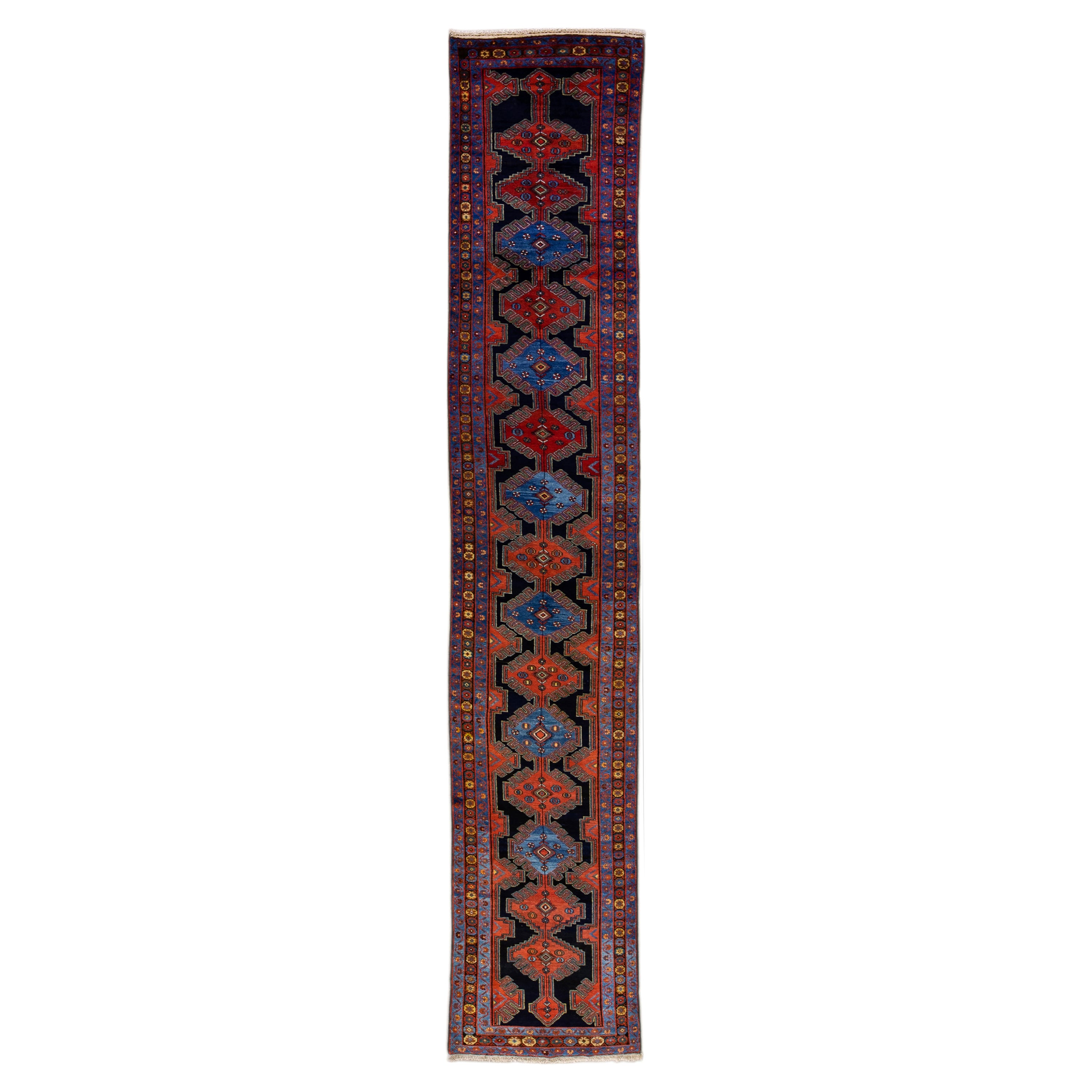 Antique Persian Malayer Handmade Tribal Blue Long Wool Runner For Sale