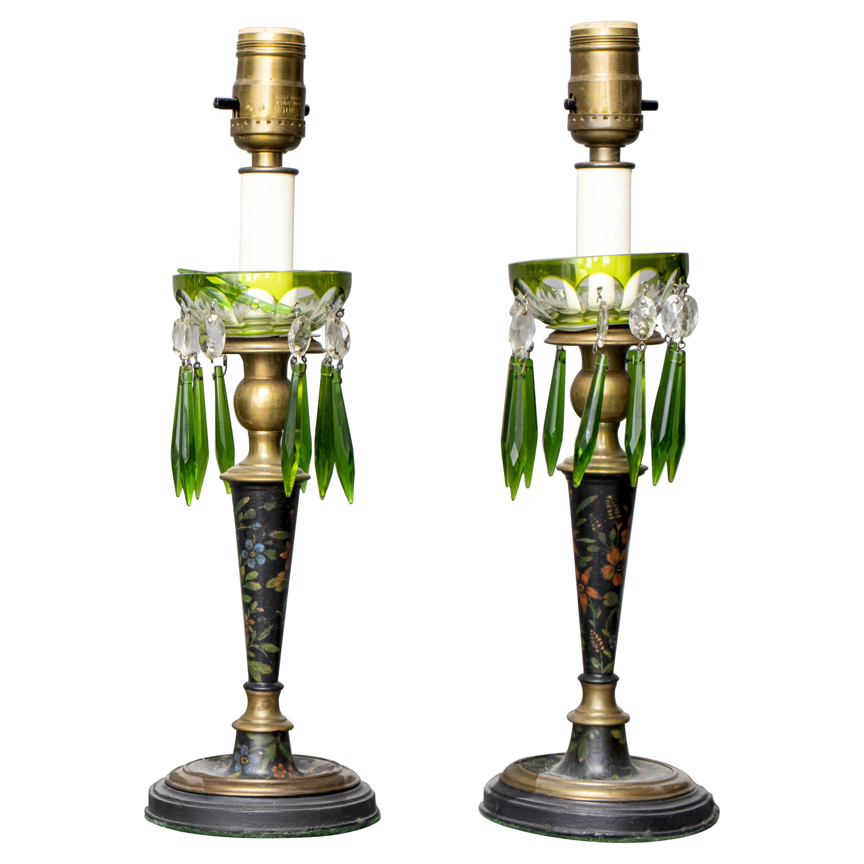 English Painted Green Glass Luster Lamps For Sale