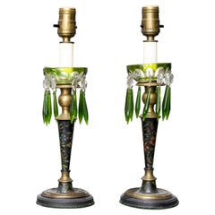 Antique English Painted Green Glass Luster Lamps