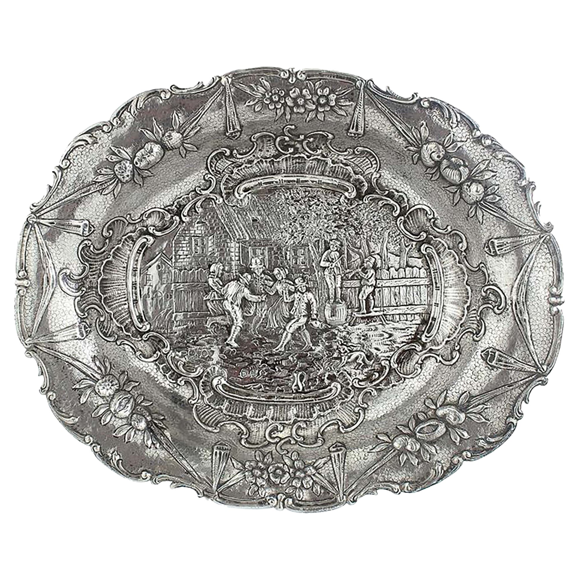 Antique German Hanau Silver Dish with David Teniers Style Engravings For Sale