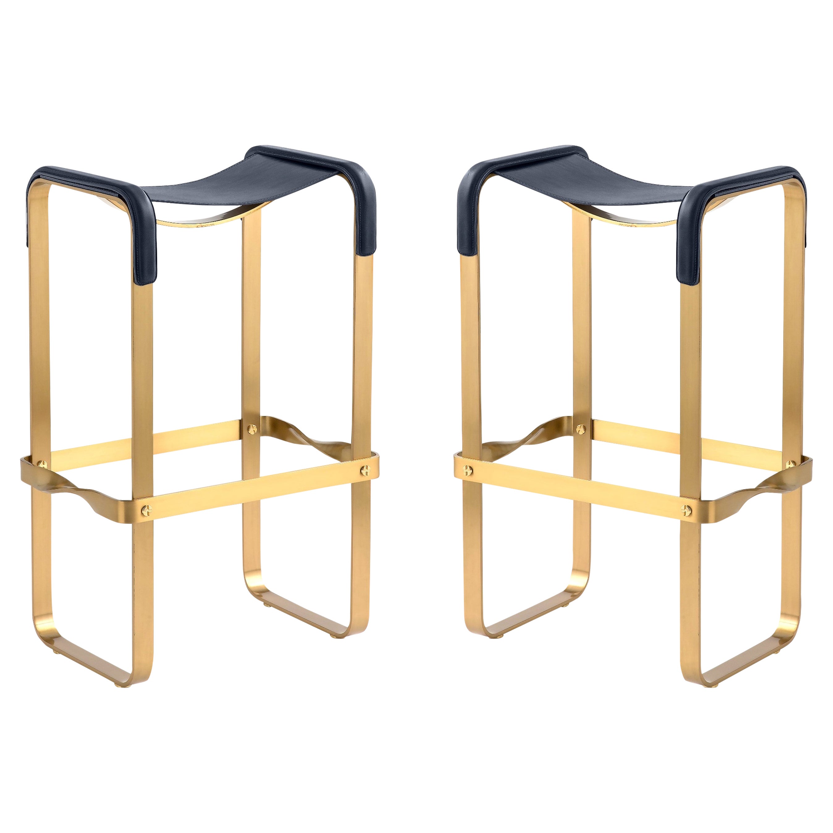 Pair Bar Stool Aged Brass Meal and Navy Blue Leather Contemporary Style