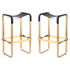 Set of 2 Bar Stool Aged Brass Steel and Navy Blue Saddle Contemporary Style
