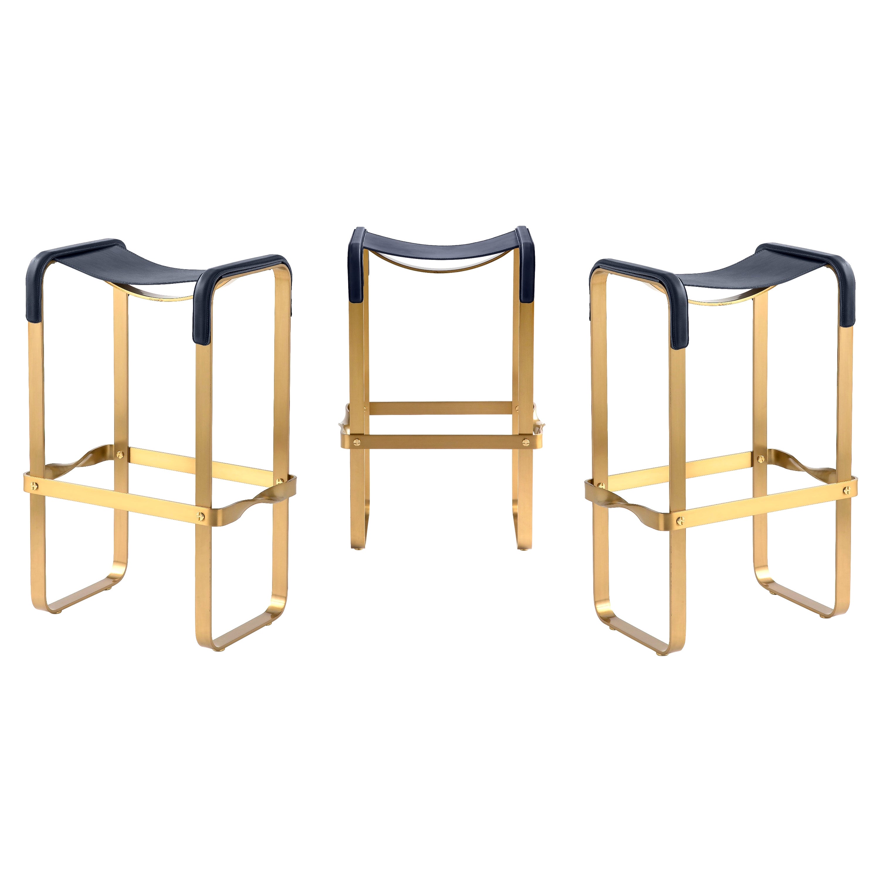 Set of 3 Bar Stool Aged Brass Metal & Navy Blue Leather Contemporary Style For Sale