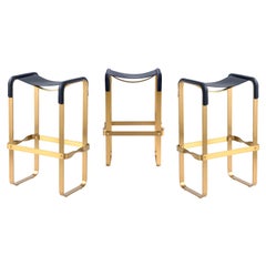 Set of 3 Bar Stool Aged Brass Steel and Navy Blue Saddle Contemporary Style