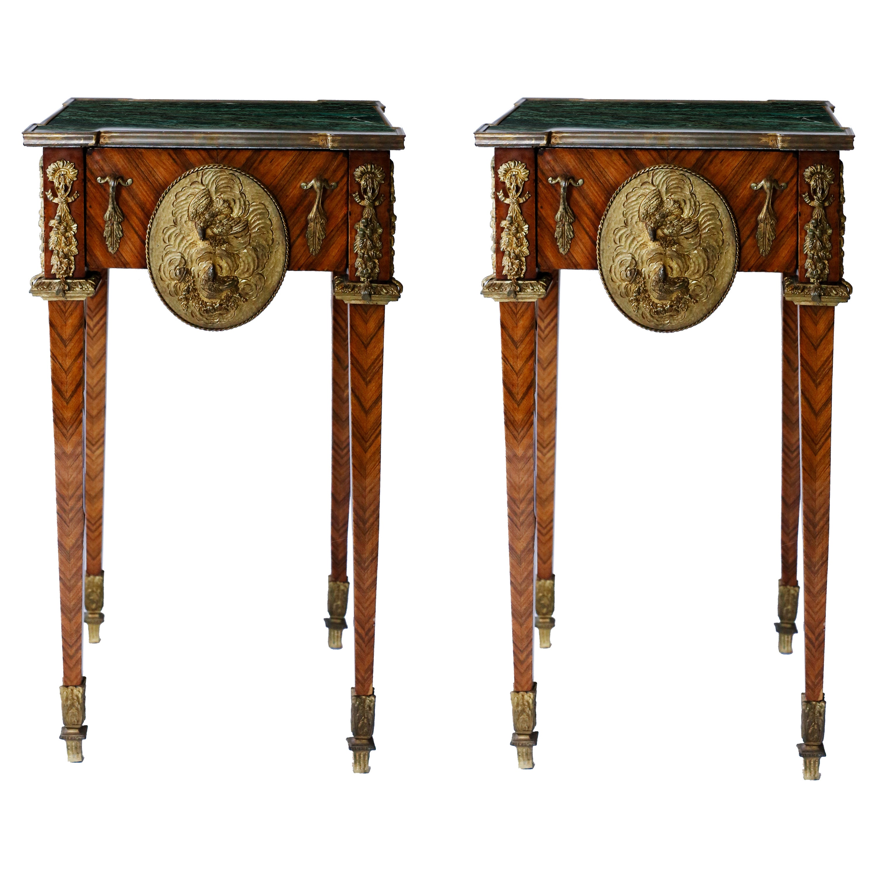 Pair of Kingwood Bronze Doré Marble Mounted Side Louis XVI Tables