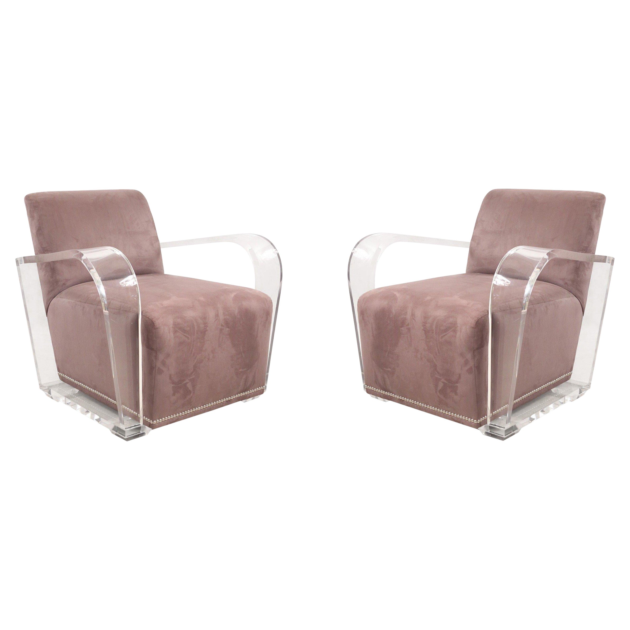 Pair of Contemporary Dark Gray Suede and Lucite Lounge / Armchairs For Sale