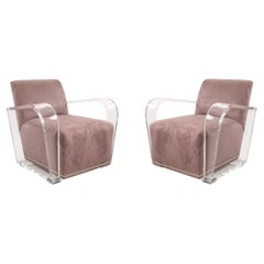 Pair of Contemporary Dark Gray Suede and Lucite Lounge / Armchairs