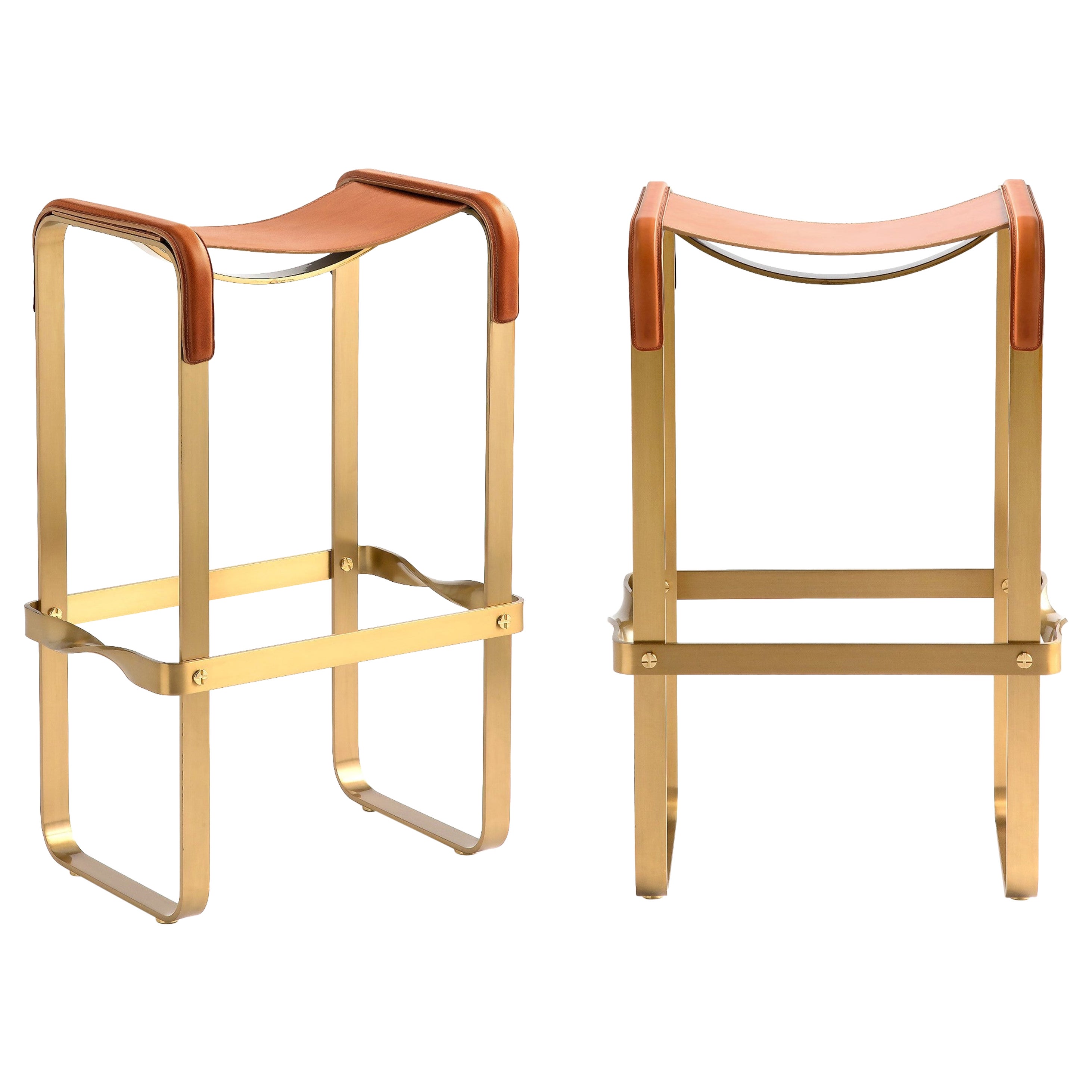 Pair Classic Contemporary Barhocker Aged Brass Steel & Natural Tobacco Leather