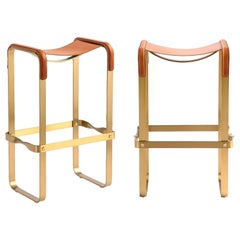 Pair Classic Contemporary Bar Stool Aged Brass Steel & Natural Tobacco Leather