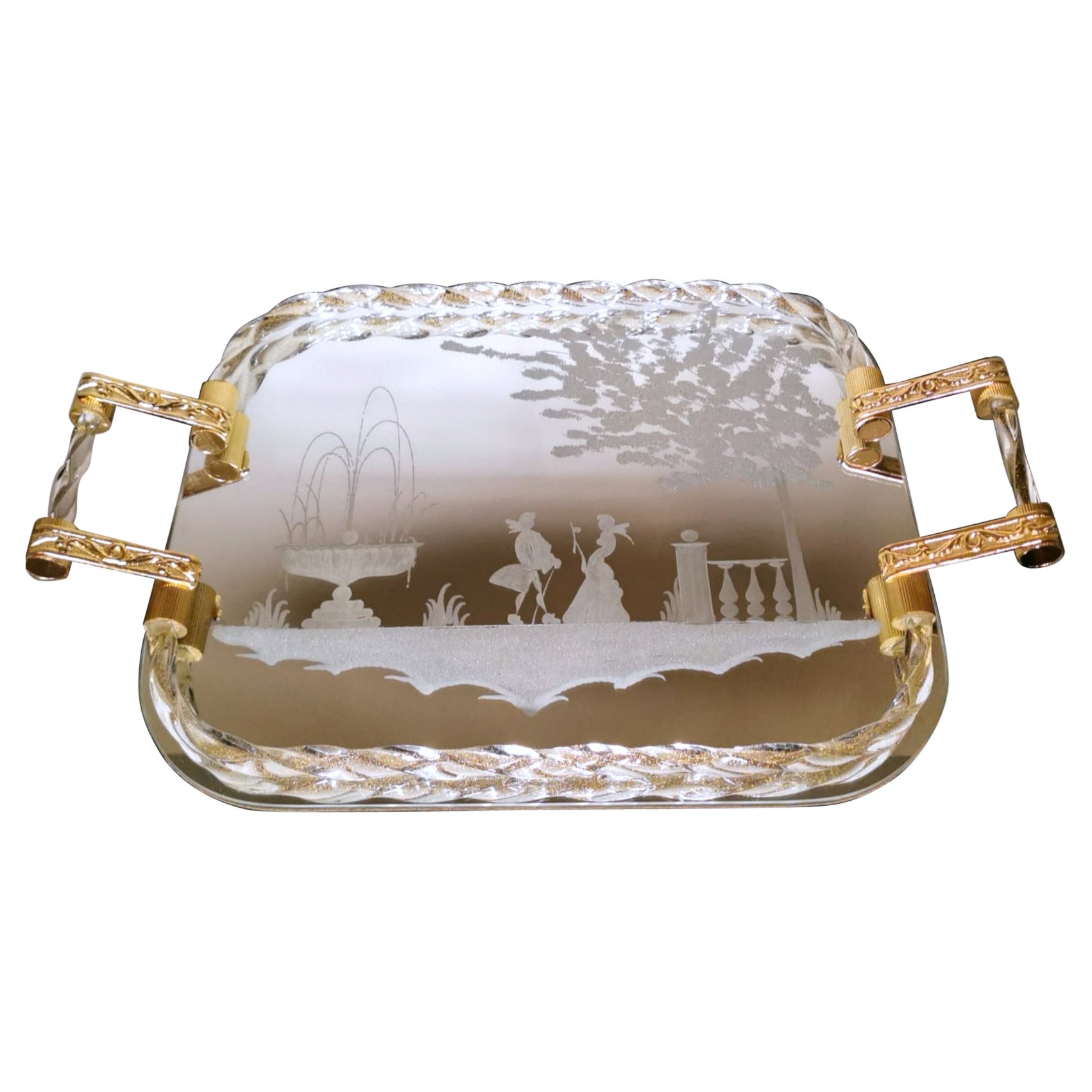 Murano Barovier Style Vanity Tray with Etched Mirror and Twisted Glass Rope