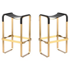 Pair Contemporary Bar Stool Aged Brass Metal & Black Leather 