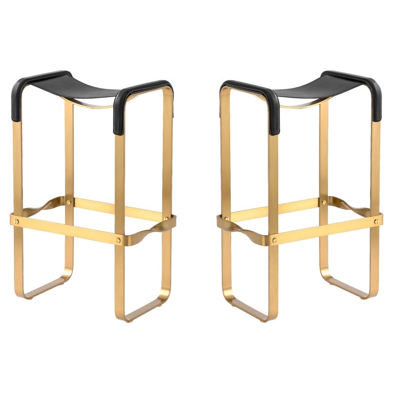Pair Contemporary Bar Stool Aged Brass Metal and Black Leather For Sale