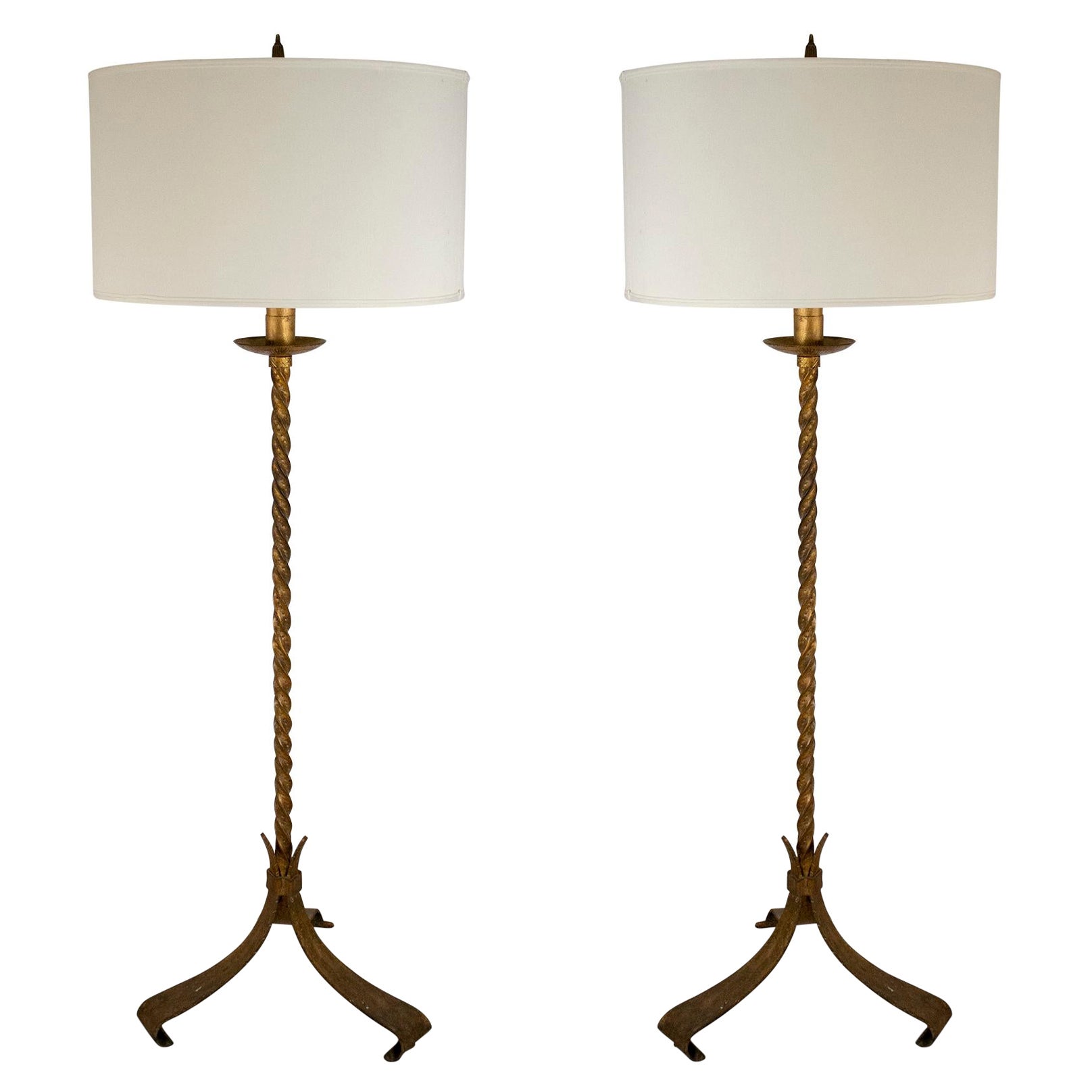 Pair of Mid-Century Gilt Wrought Iron Floor Lamps