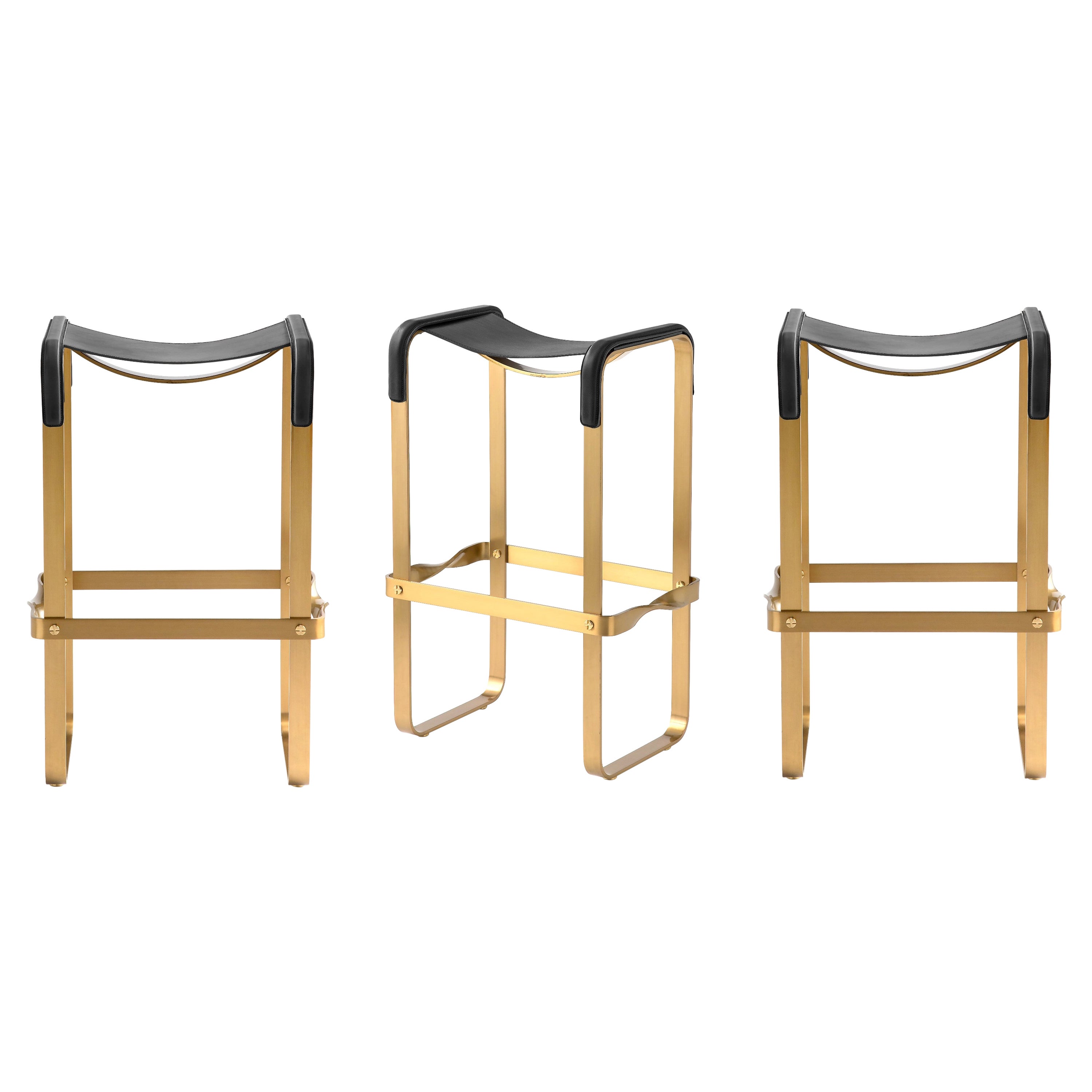 Set of 3 Contemporary Bar Stool Aged Brass Metal & Black Leather For Sale
