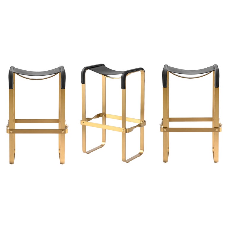 Pair Contemporary Bar Stool Aged Brass Metal and Black Leather For Sale at  1stDibs