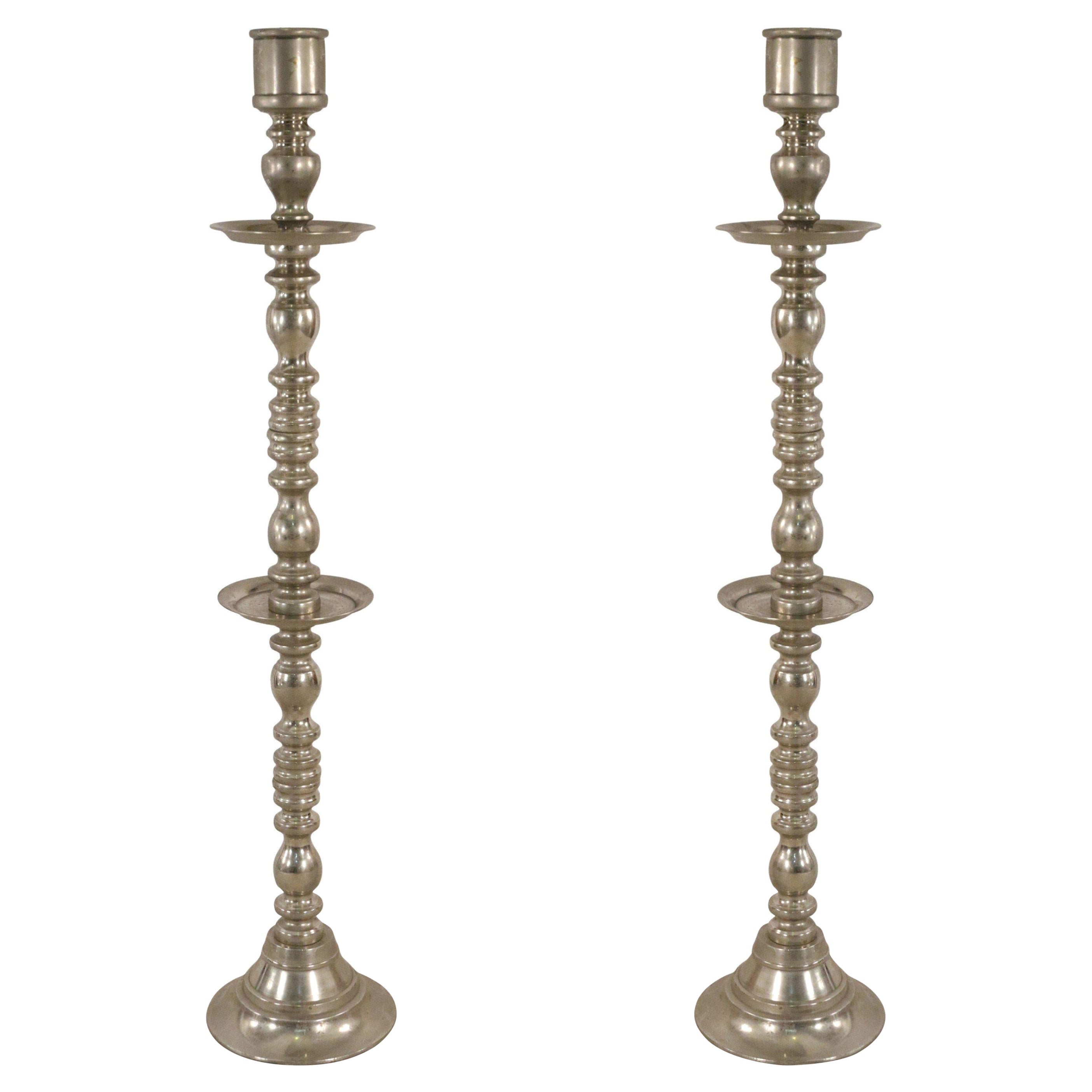 Pair of Mid-Century Silver Metal Turned Design Floor Torchiere/Candle Holders