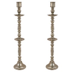 Pair of Mid-Century Silver Metal Turned Design Floor Torchiere/Candle Holders
