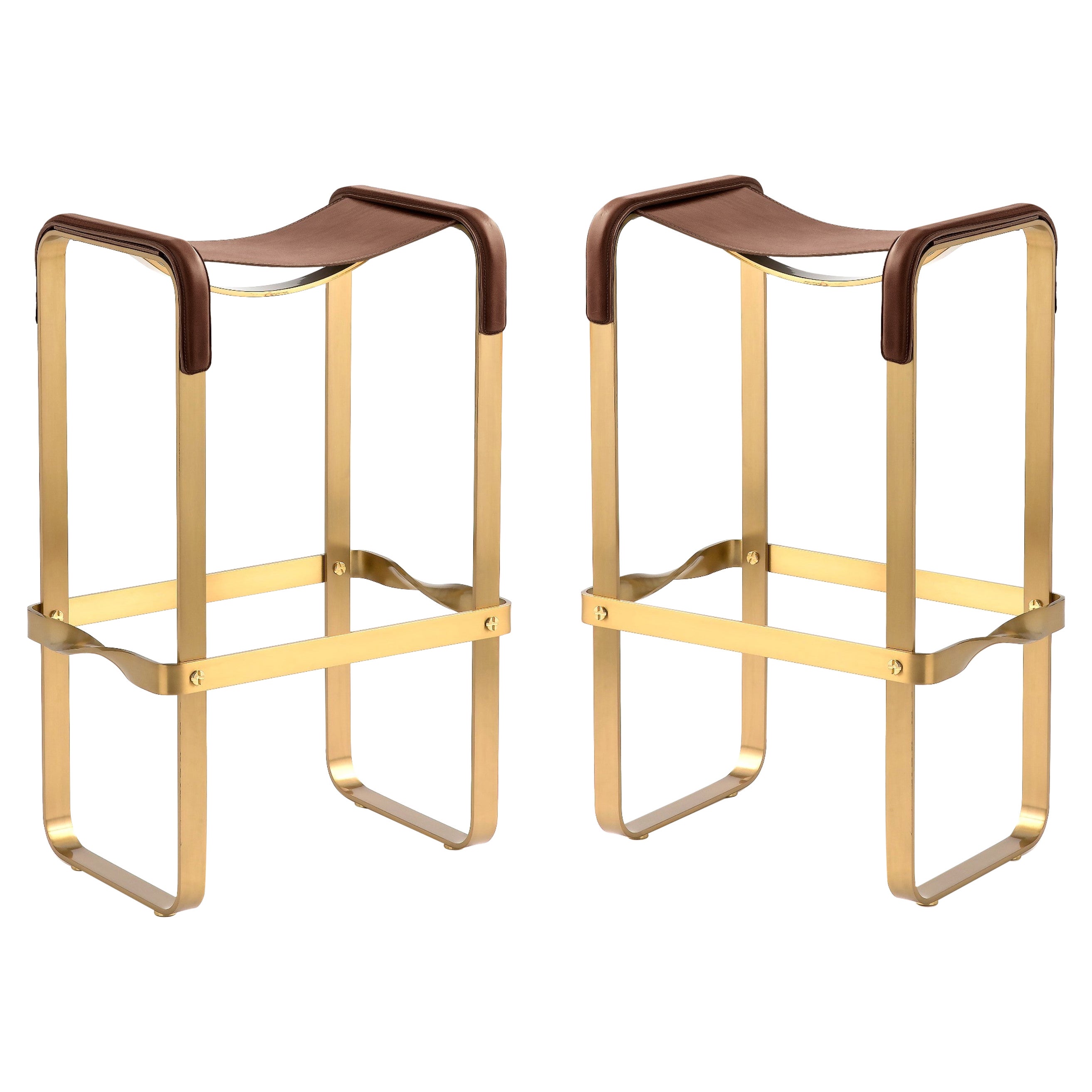 Pair Contemporary  Bar Stool Aged Brass Metal & Dark Brown Leather For Sale