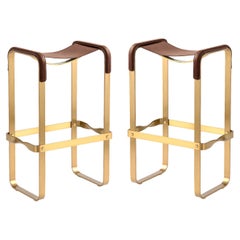 Set of 2 Bar Stool Aged Brass Steel & Dark Brown Saddle, Contemporary Style