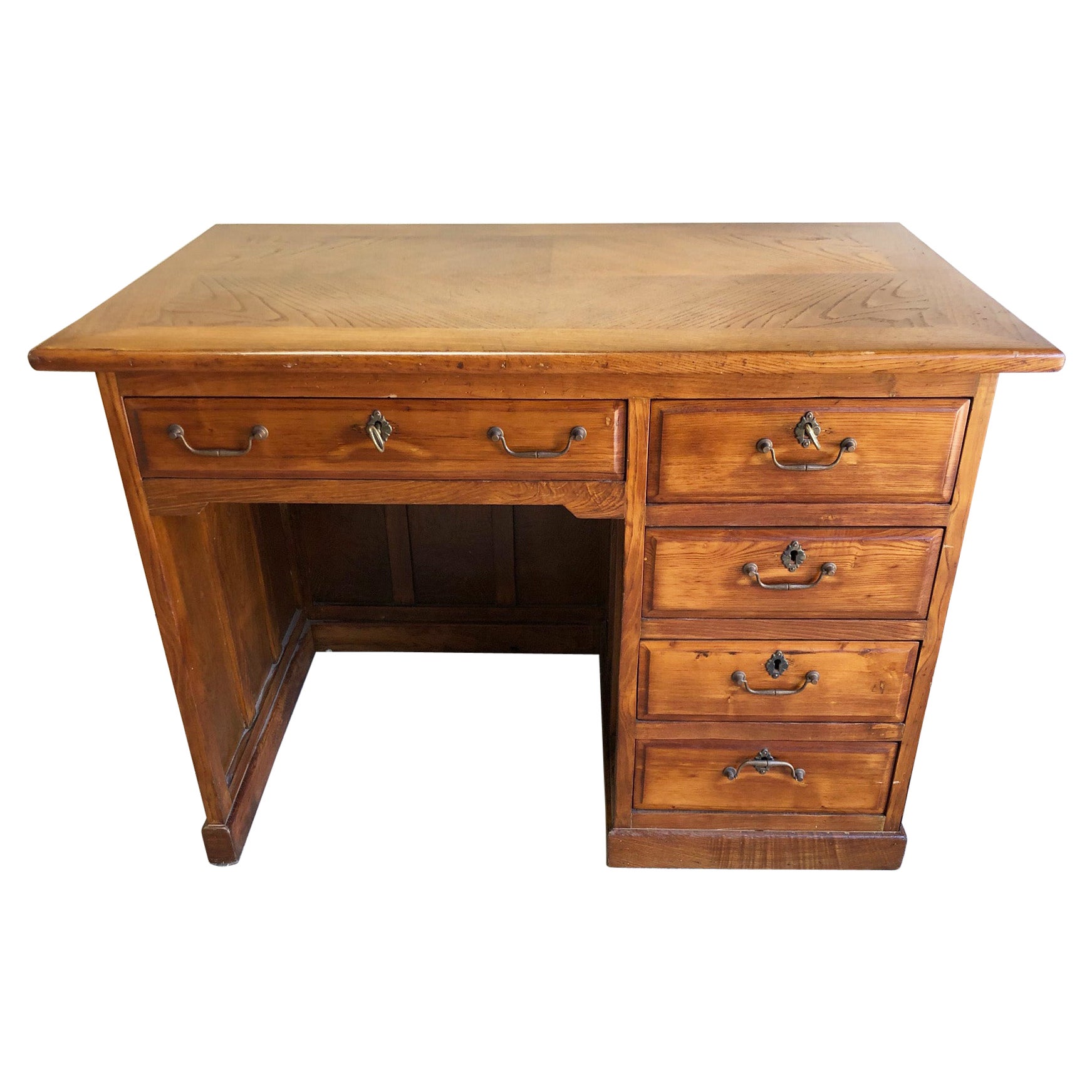 Italian Desk, from 1960 in Chestnut, Honey-Colored, with 5 Drawer For Sale