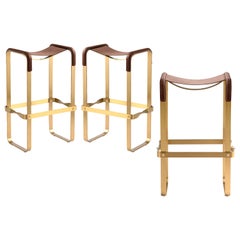 Set of 3 Contemporary Bar Stool Aged Brass Metal & Dark Brown Leather