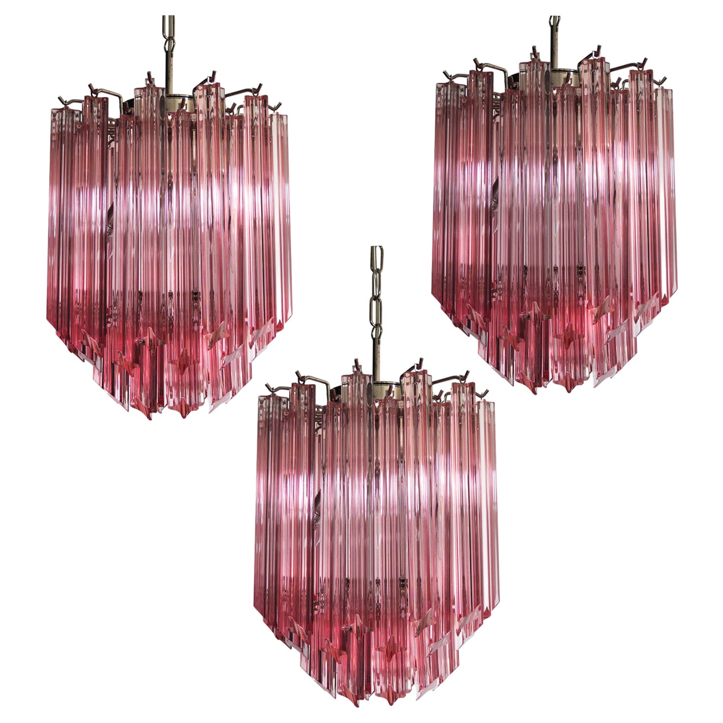 Amazing Trio of  Quadriedri Glass Chandeliers, 47 Pink Prism, Murano