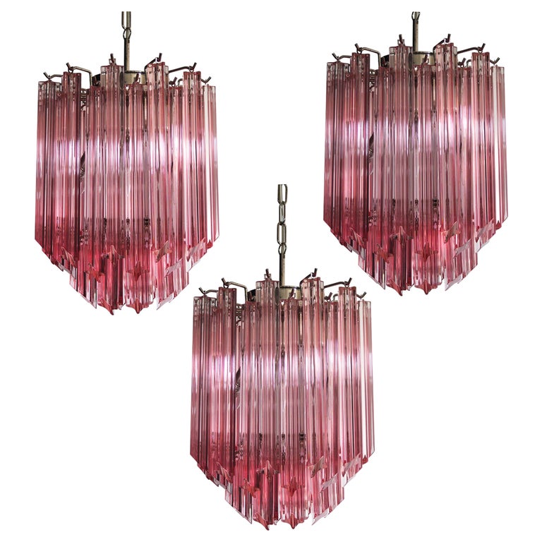 Amazing Trio of  Quadriedri Glass Chandeliers, 47 Pink Prism, Murano For Sale