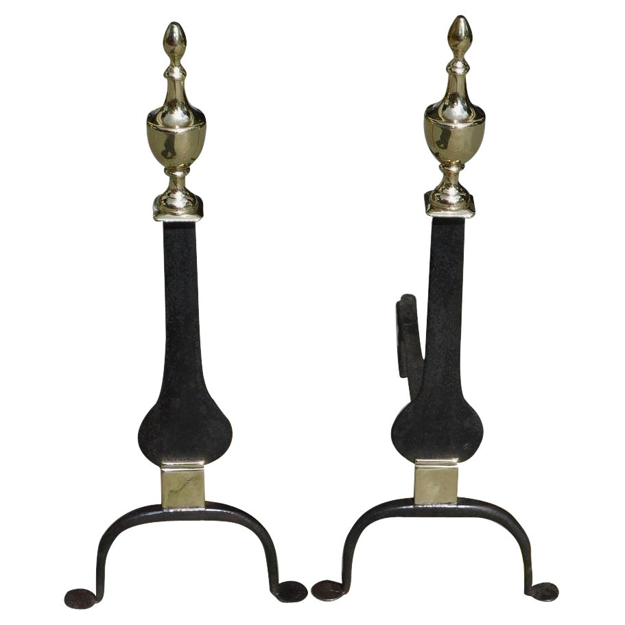 Pair of American Brass and Wrought Iron Urn Finial Knife Blade Andirons, C. 1800 For Sale