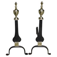 Pair of American Brass and Wrought Iron Urn Finial Knife Blade Andirons, C. 1800