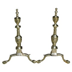 Pair of American Federal Brass Urn Finial Andirons with Ball & Claw Feet C. 1810