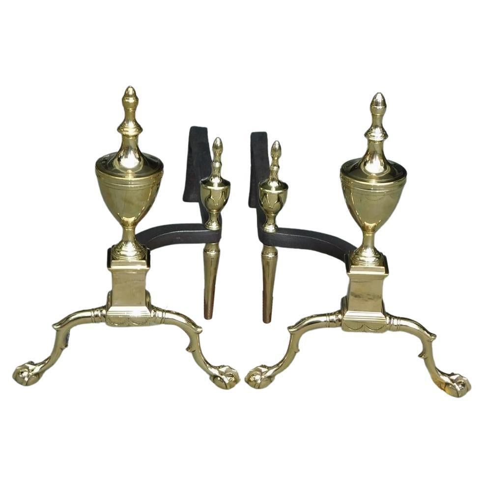 Pair of American Federal Brass Flanking Urn Finial Engraved Andirons Phil C 1800