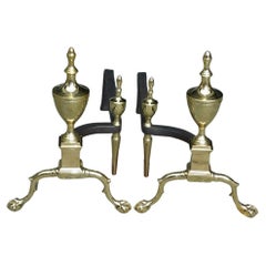 Antique Pair of American Federal Brass Flanking Urn Finial Engraved Andirons Phil C 1800
