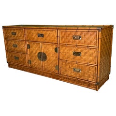 Vintage Woven Herringbone Rattan and Brass Faux Bamboo Dresser