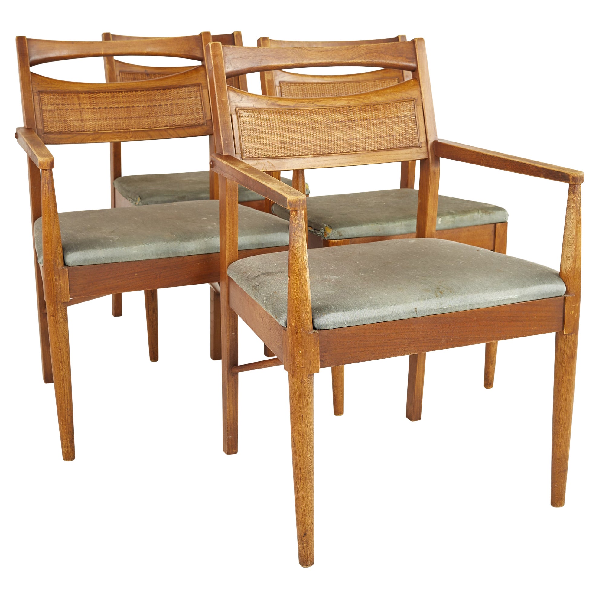 American of Martinsville Mid Century Walnut and Cane Back Dining Chairs, Set 4