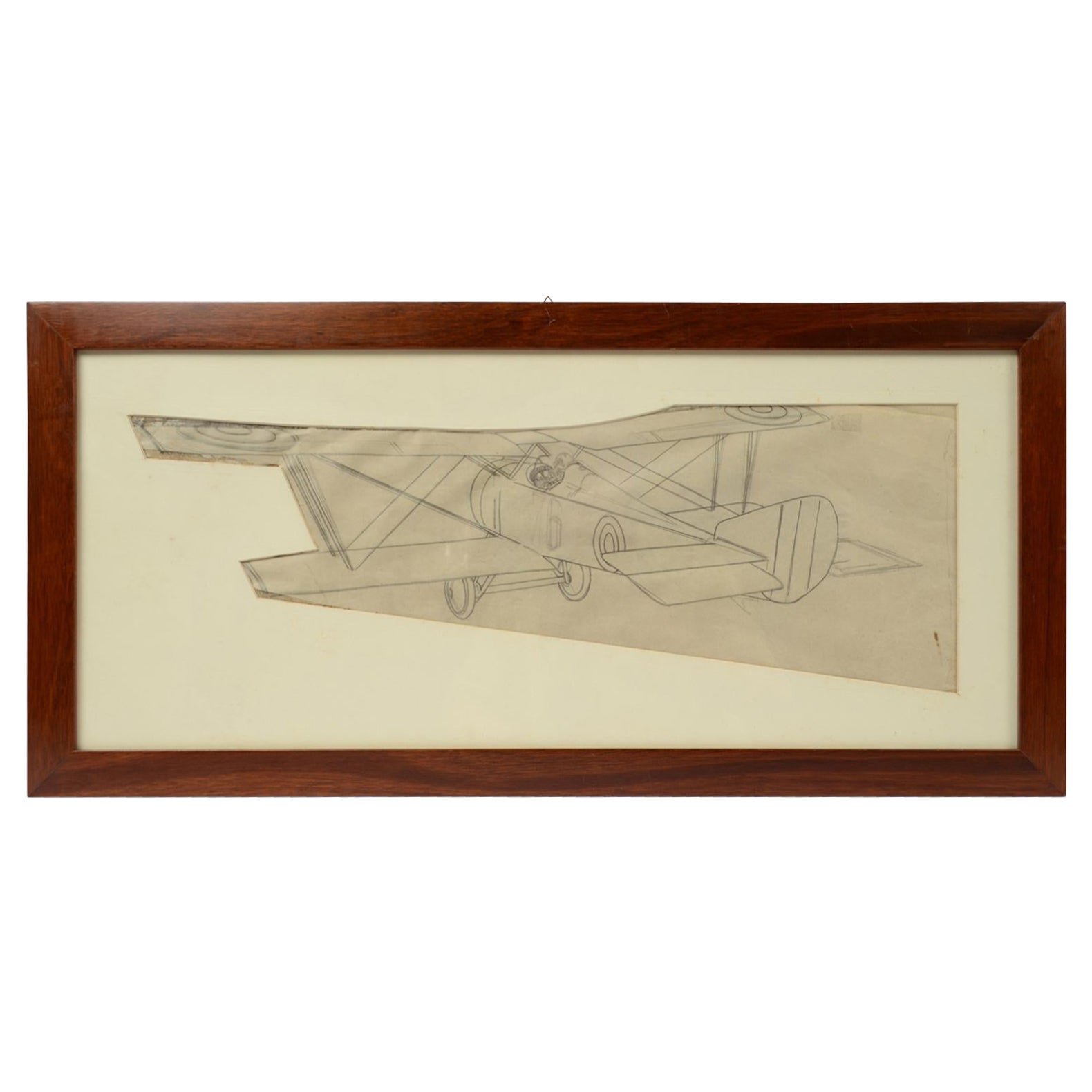 Vintage Original Pencil Aviation Drawing Depicting a Hanriot HD 1 WWI Aircraft