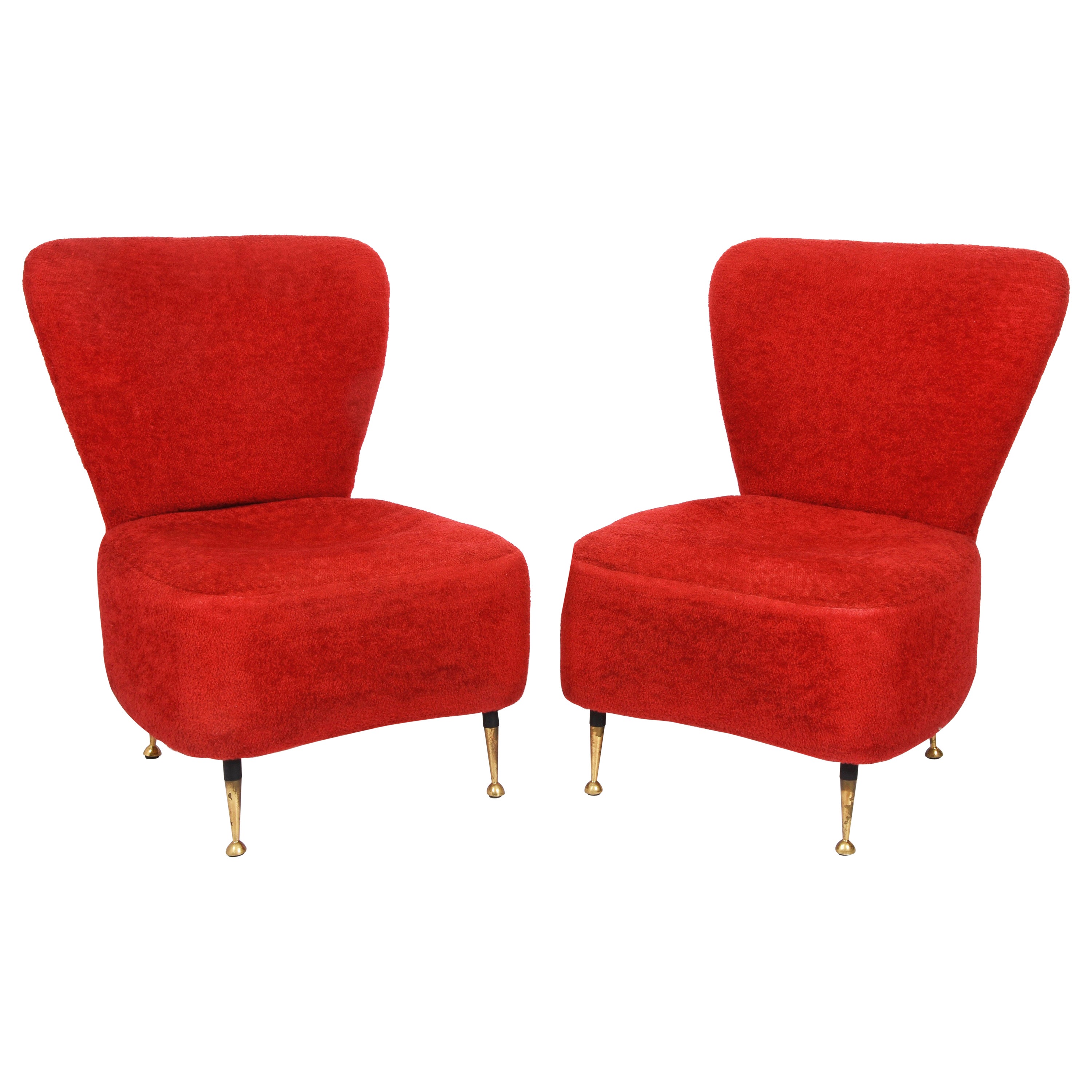 Pair of Red Bouclé Wool and Fabric Italian Armchairs with Brass Feet, 1950s