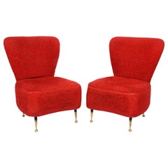 Pair of Red Bouclé Wool and Fabric Italian Armchairs with Brass Feet, 1950s