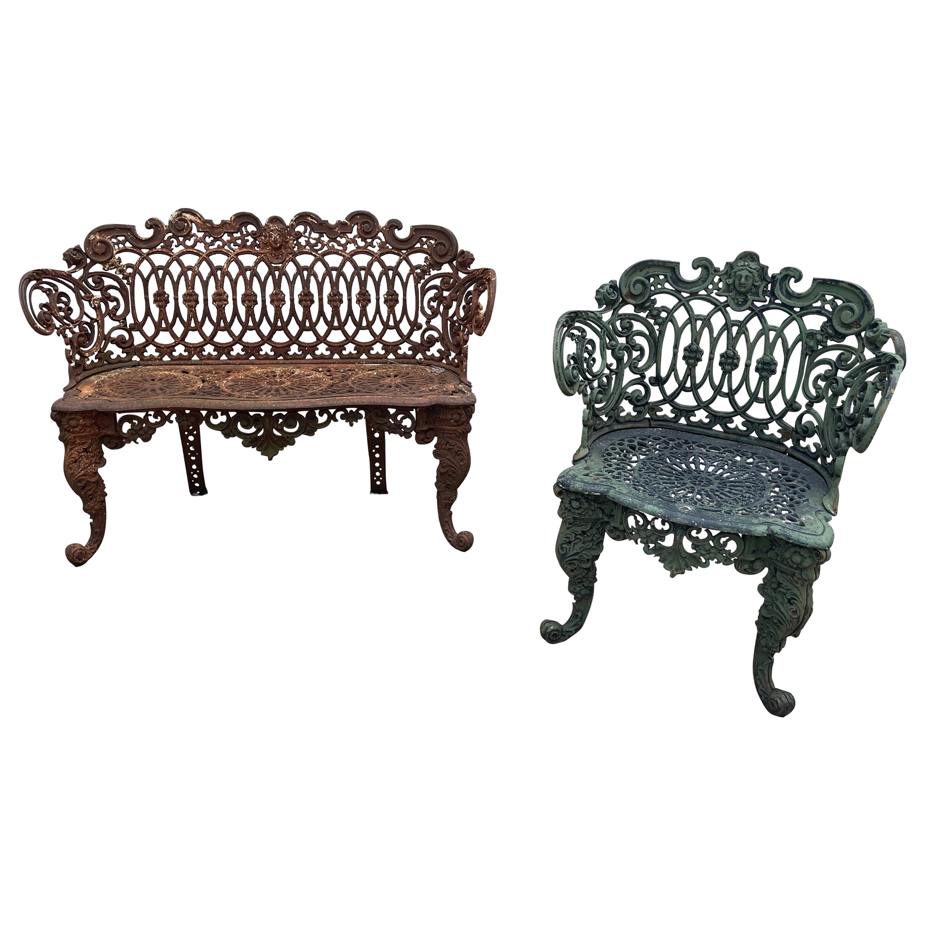 American Heavy Cast Iron Settee and Chair in the Rococo and Renaissance Revival For Sale