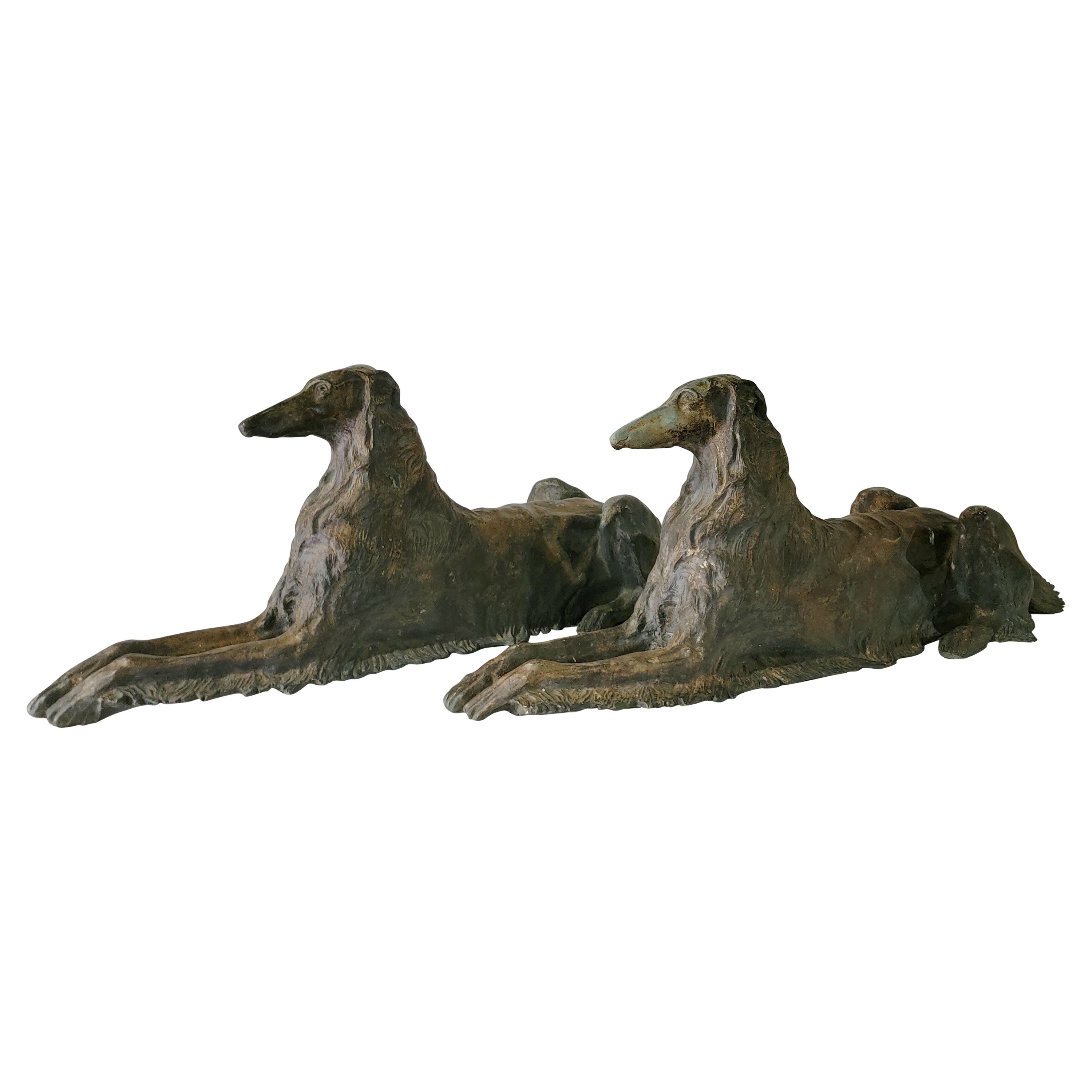 Early 20th-C. Life-Size Recumbent Patinated Bronze Borzoi Dogs, Mirrored Pair