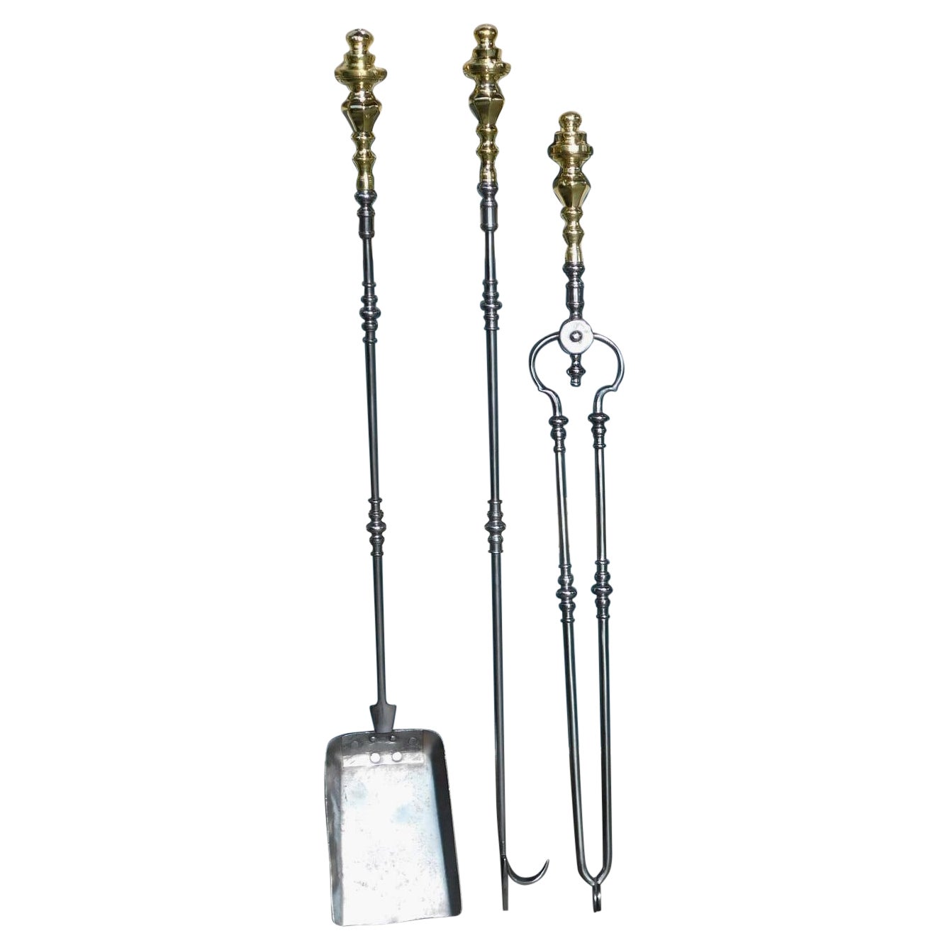 Set of American Brass Finial and Polished Steel Fire Place Tools, Phil. C. 1810