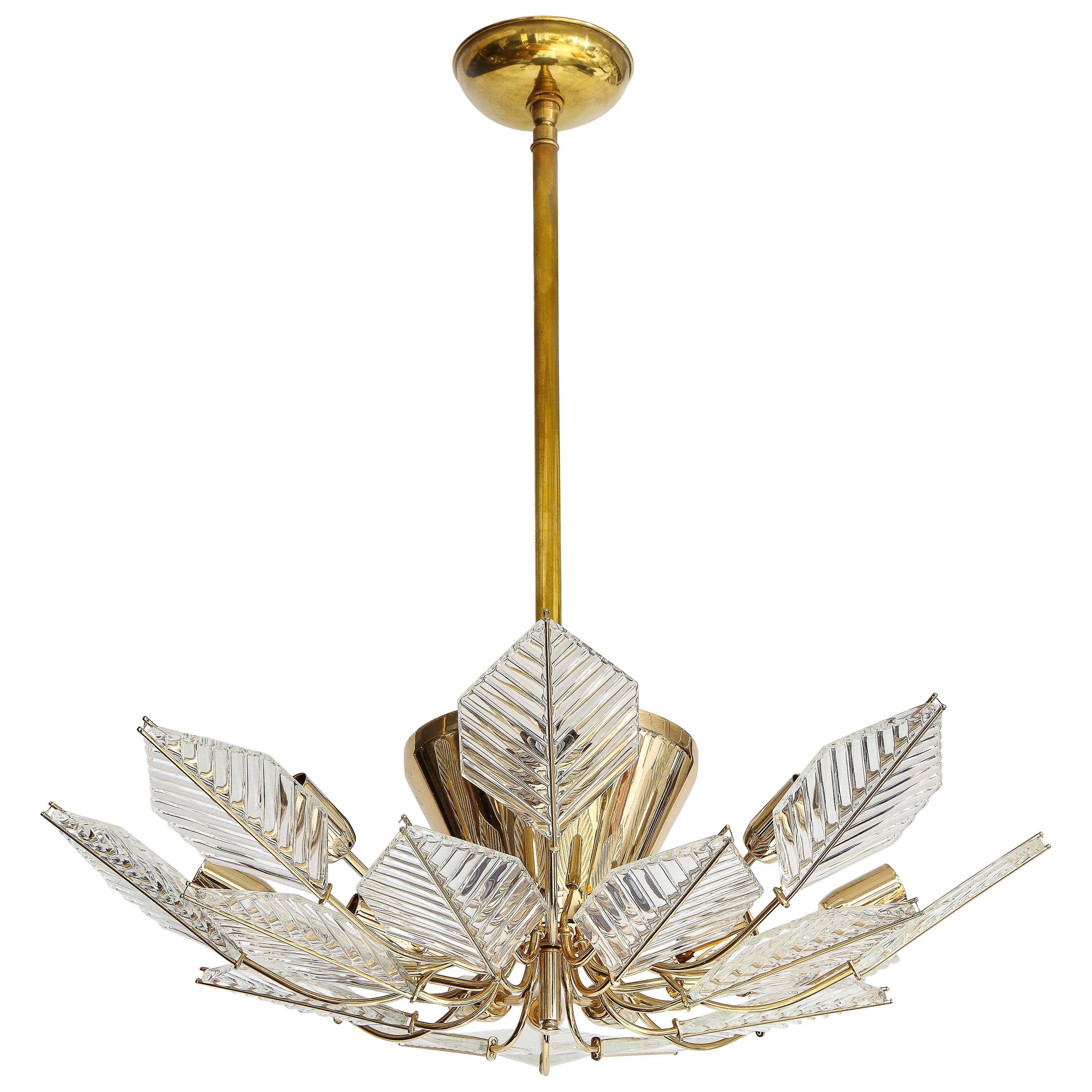 Italian 15 Light Glass Chandelier Decorated with Leaf Motif, La Murrina, 1970's