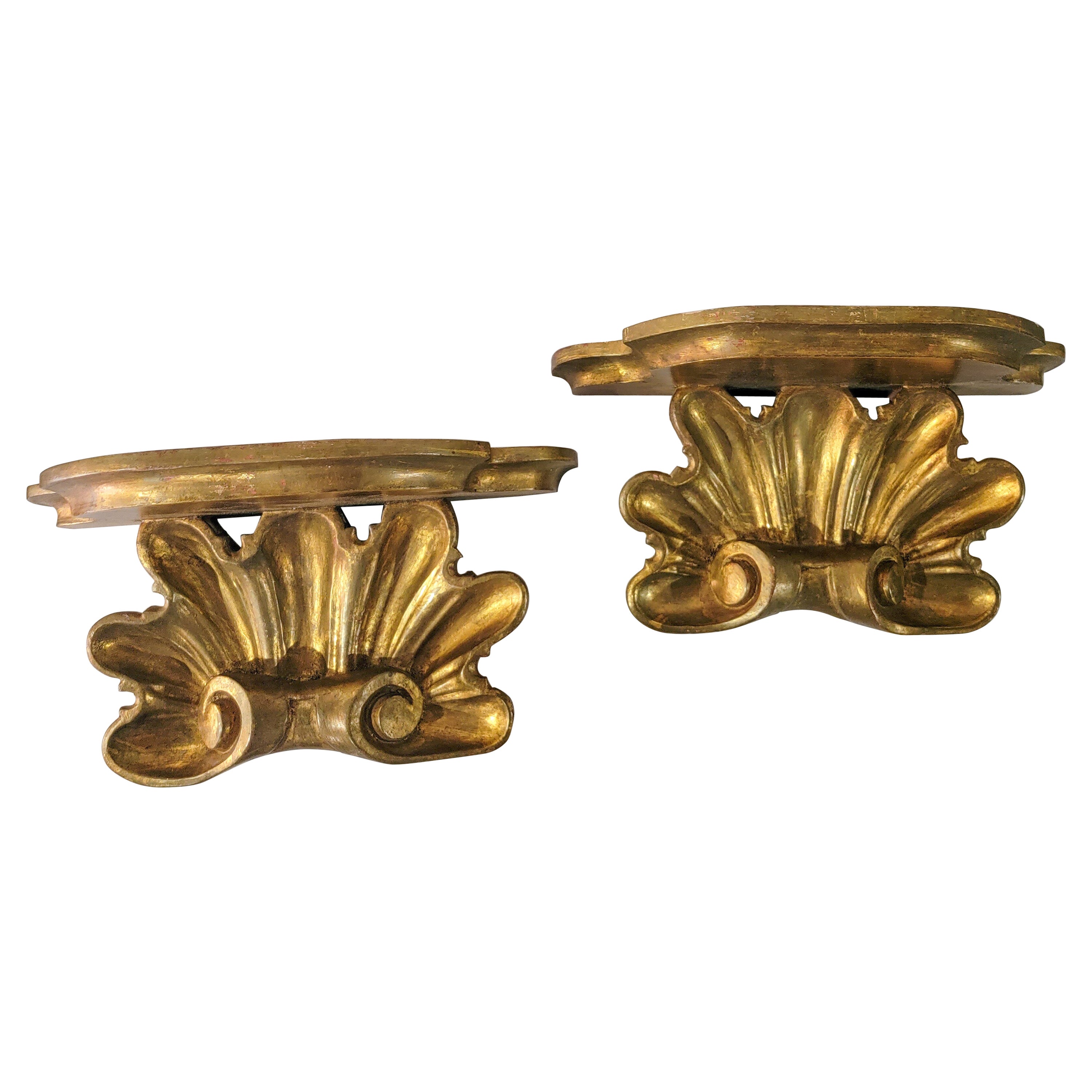 Début du 20e siècle. Paire de supports en bois doré sculpté italien de style rococo en forme de coquillage en vente