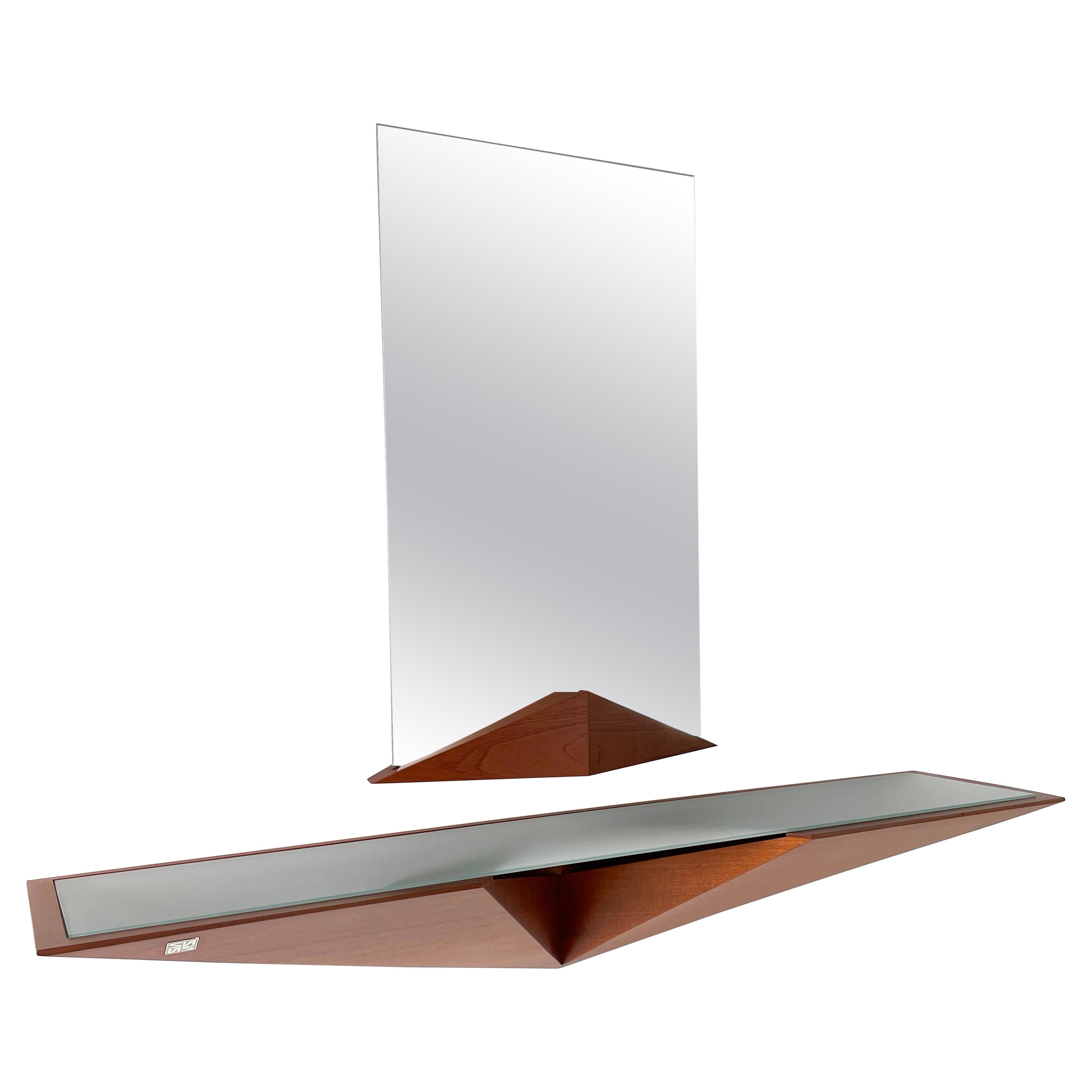 Modern Solid Wood and Glass Entry Mirror Station by Pierre Sarkis from Valentina Collection. Inspired in the Origami Folds theory, finding in basic geometry meaning of life, truth and beauty. Mirror station for halls and lobbies, sandblast glass