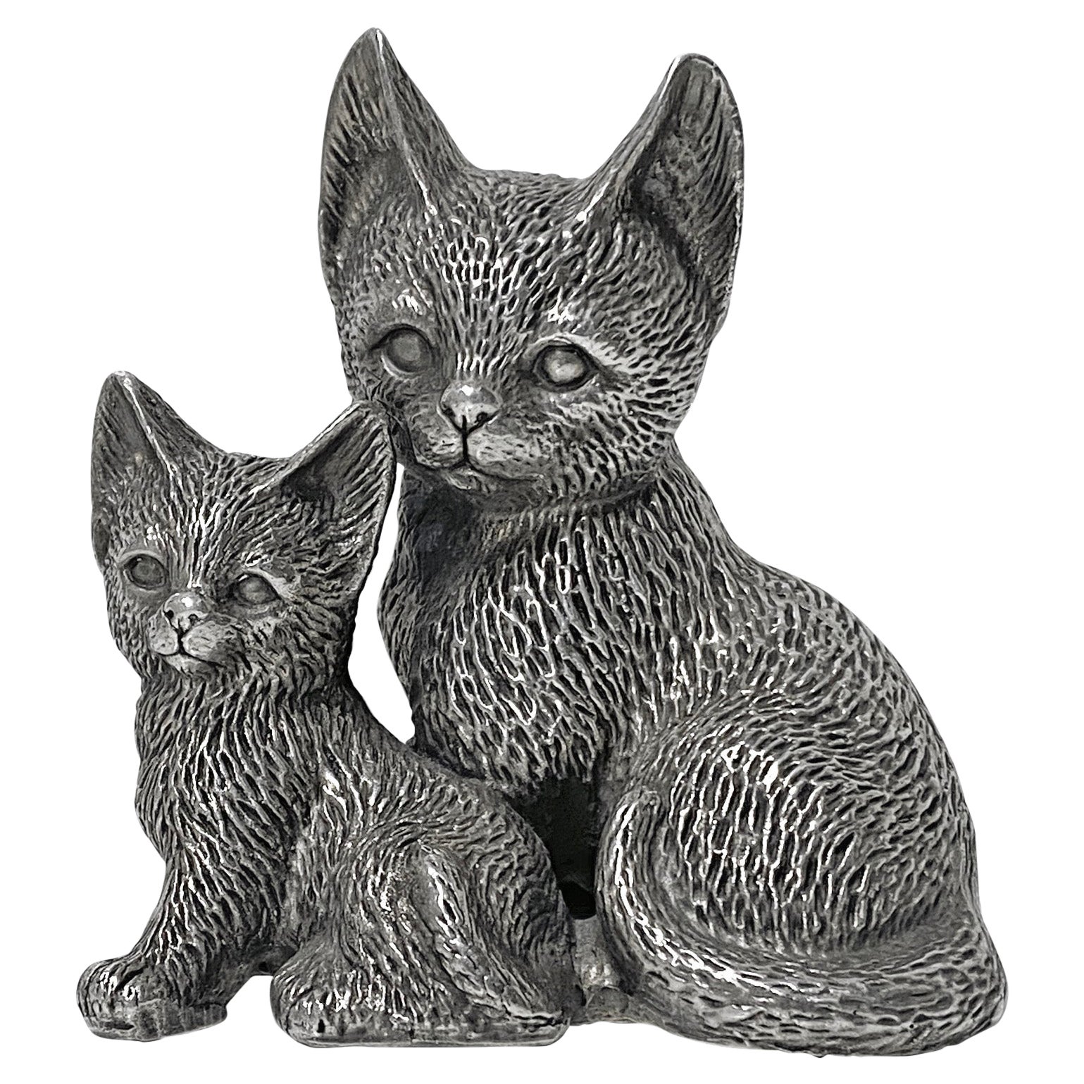 Silver 925 Seated Cat and Kitten Sculpture, 1960’s