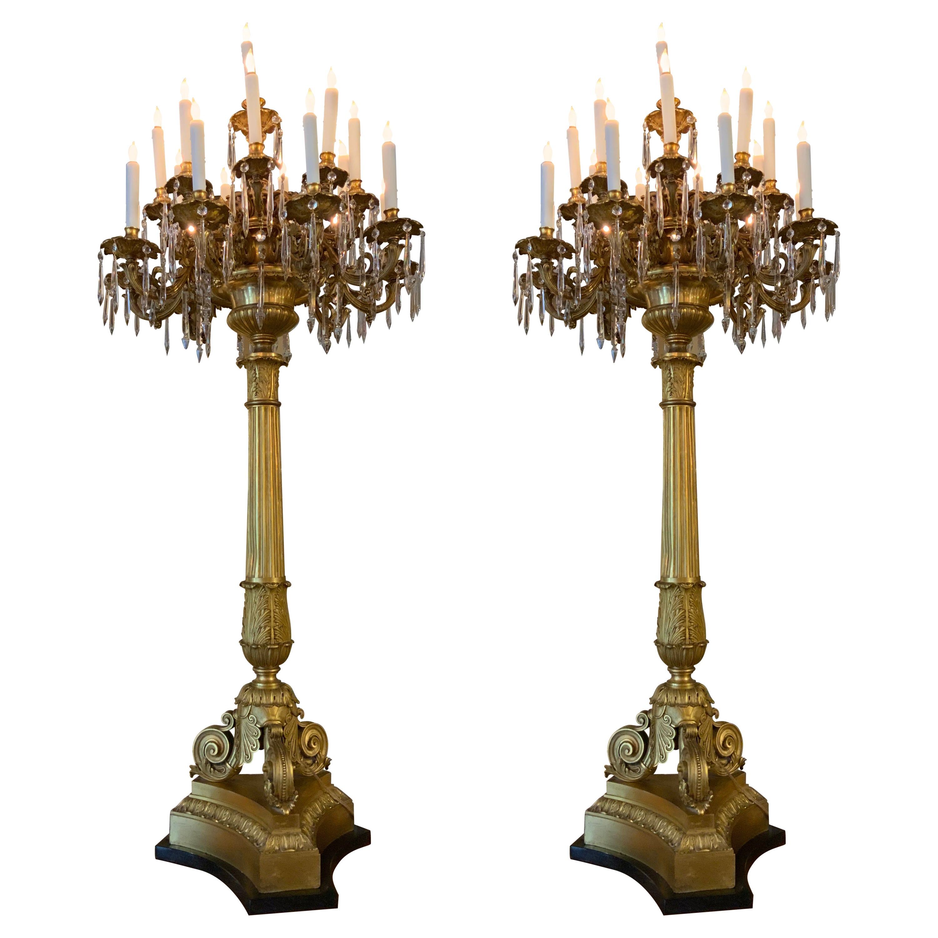 Pair of Elegant Bronze Dore and Crystal Palace Size Torchiers Now Electrified