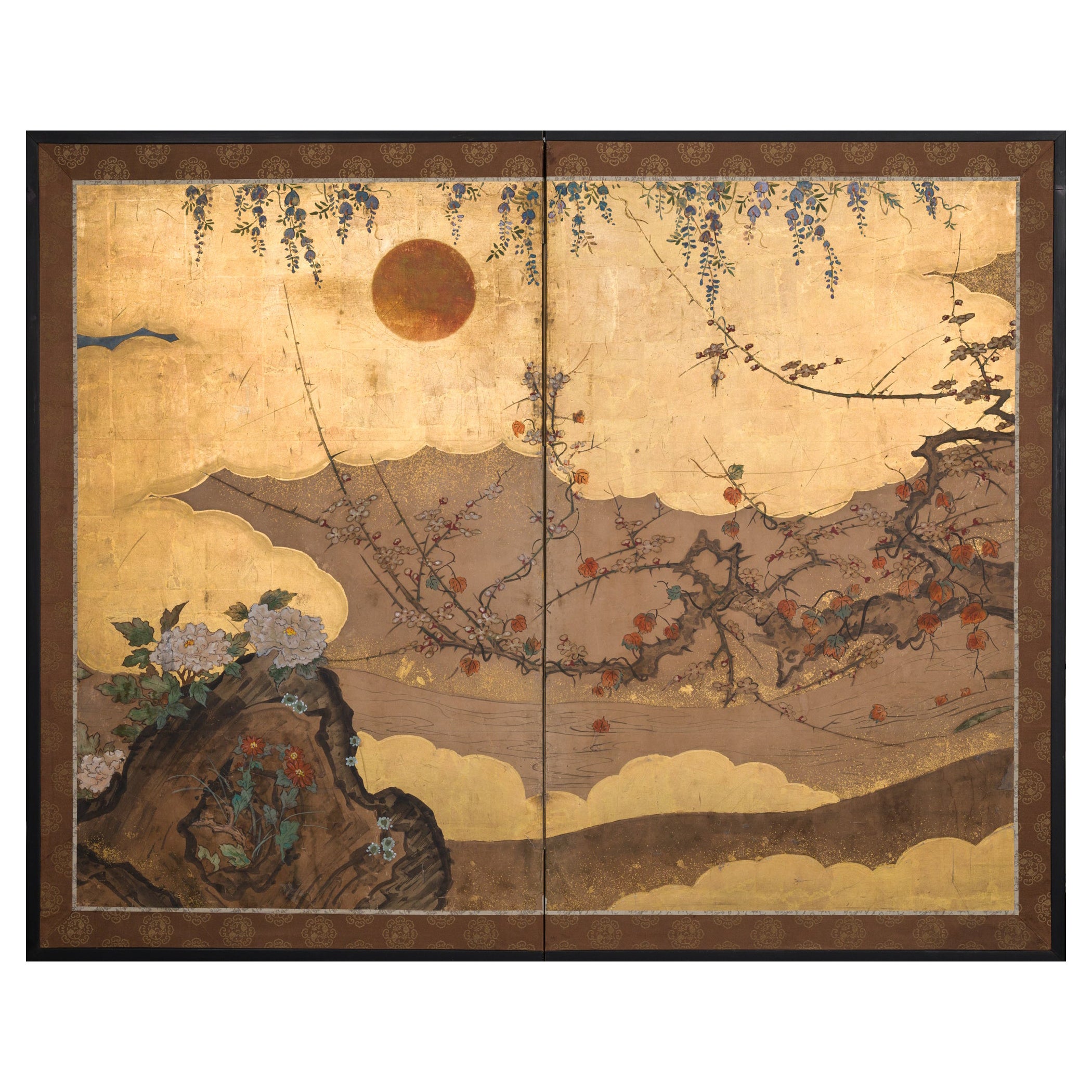 Japanese Two Panel Screen Sun Over Floral Landscape with Gold Clouds