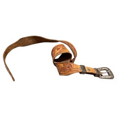 Western Tooled Leather Belt Rose Gold & Silver Taxco Mexico William Spratling