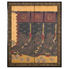Japanese Two Panel Screen Draped Cloth Curtains with Scattered Playing Cards