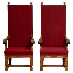 1900 / 1950's Pair of Tall Crafts Throne Chairs Carved Oak Wood from Sweden